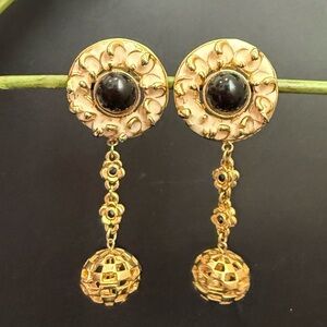 Vintage Signed Gold-tone Black Cabochon Ball Drop Clip Runway Statement Earrings